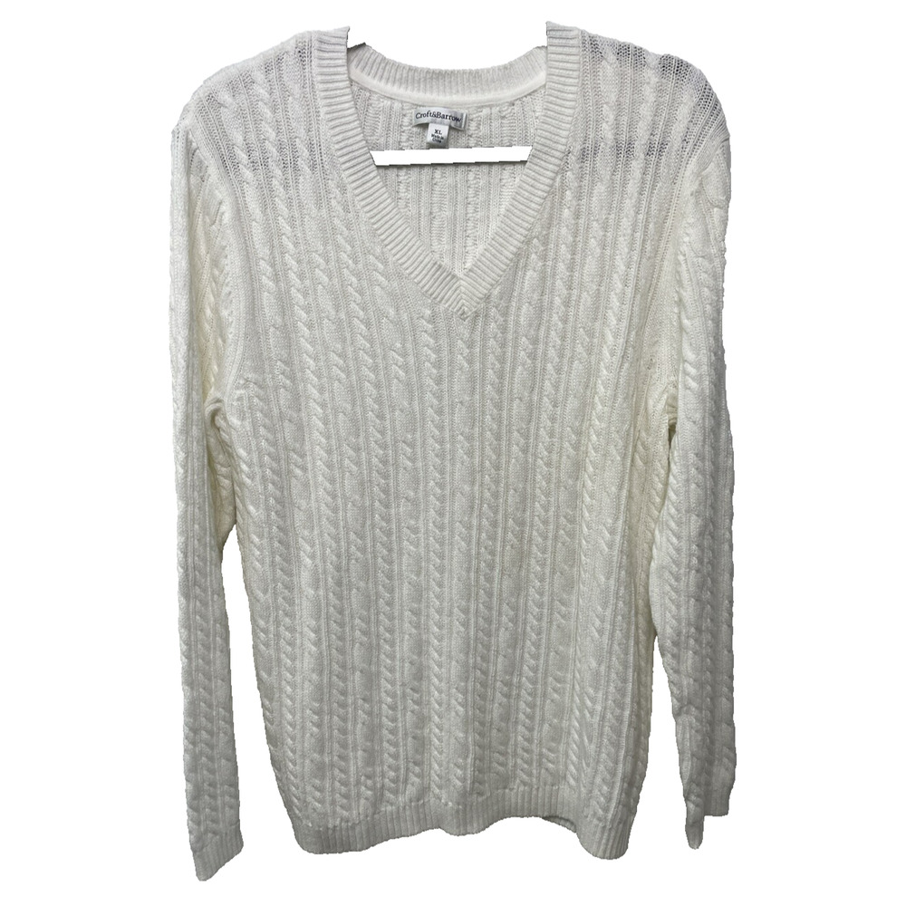 Croft Barrow Sweater White V Neck‎ 100% Cotton Cable Knit Cozy Rory Fisherman XL